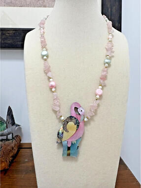 Vintage Lee Sands Pink & White Beaded Necklace w/ MOP Pink Flamingo Summer Beach